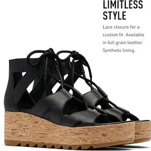 Sorel Cameron Platform Lace Wedge Sandal Black Tan Leather 9.5